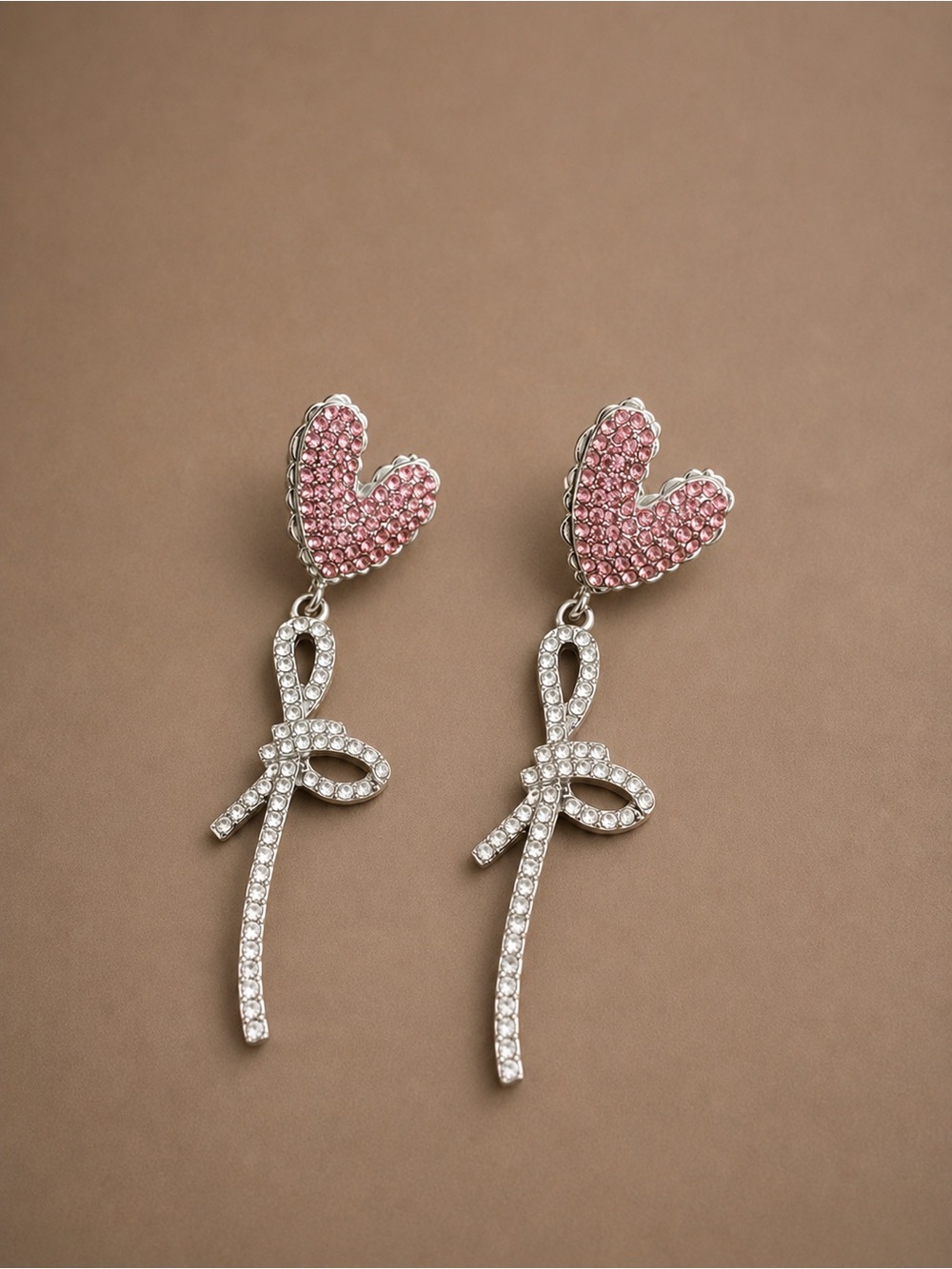 Pink Heart & Crystal Ribbon Long Drop Earrings - Women Jewelry New